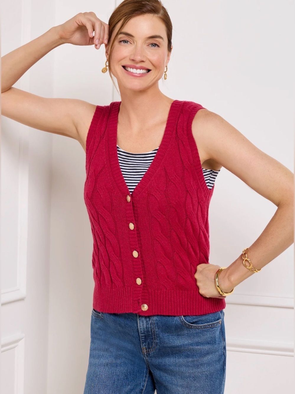 Talbots Cable Knit V-Neck Sweater Vest Fall Berry Size 1XP